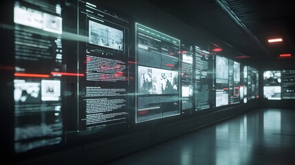 Futuristic hallway lined with glowing screens displaying data streams, maps, and surveillance footage.  Creates a sense of high-tech security or monitoring.