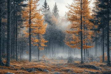 Misty autumn forest with golden larch trees, serene and peaceful atmosphere.