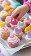 Child reaching for heart shaped cupcake on tray - colorful dessert temptation