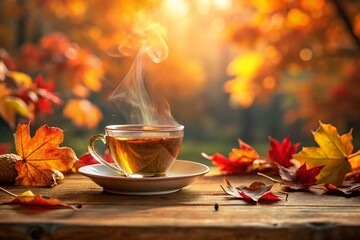 Steaming Autumn Tea: Cozy Fall Drink with Warm Colors and Copy Space