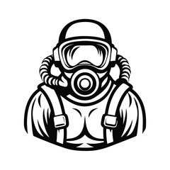 Black and White Silhouette of Person Wearing Hazard Suit and Mask Isolated on White