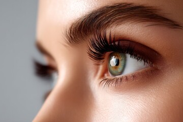 Obraz premium The eye of a beautiful female with extremely long eyelashes, accentuated by black liner makeup, presents a flawless makeup look and impressively long lashes in a closeup shot of fashionable eyes