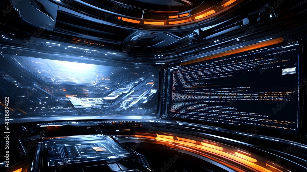 Poster futuristic spaceship bridge interior with large screens displaying a city landscape and lines of cod
