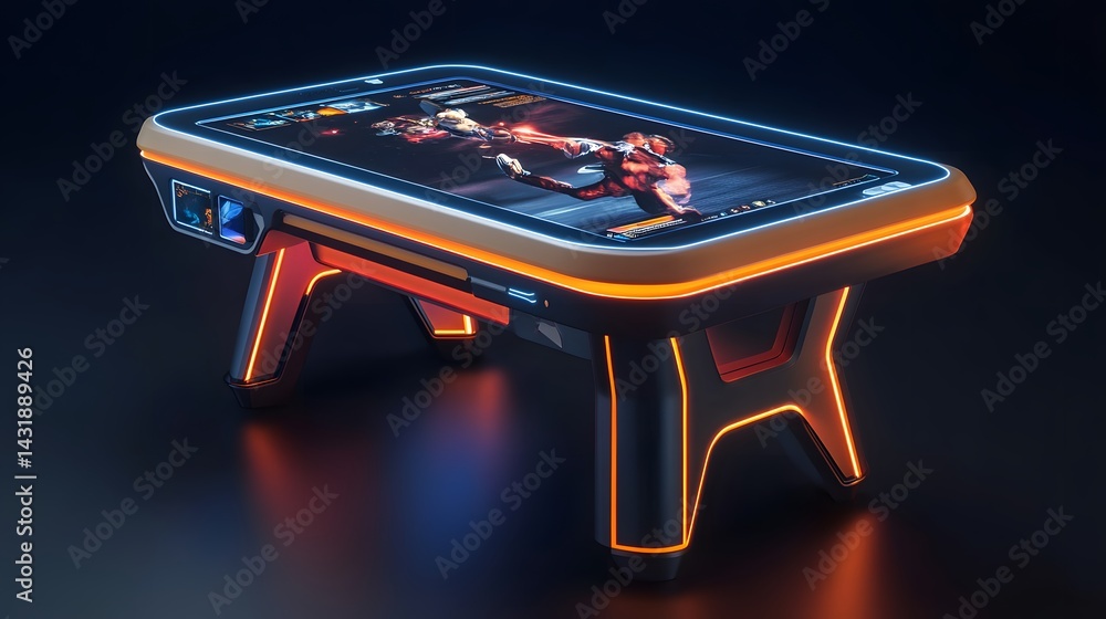 Poster futuristic gaming table with integrated screen displaying dynamic action scene. neon orange accents 