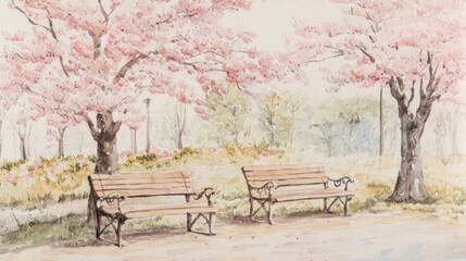 Two park benches beneath blossoming cherry trees.