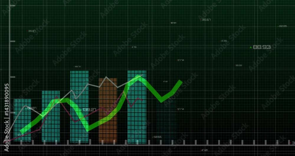 Aufkleber cluster of multi?colored bar charts and colored line graphs navigating dark green grid, flat design