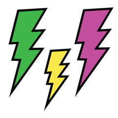 Set of Colorful Lightning Bolt Icons – Bright Electric Energy Symbols in Green, Yellow, and Purple for Pop Art and Retro Design