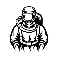 Monochrome Isolated Firefighter Silhouette Wearing Gas Mask & Oxygen Tank Outline