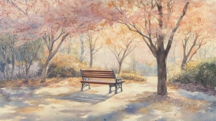Gentle spring sunlight filters through blossoming cherry trees, illuminating a park bench.