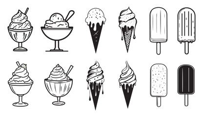Black and White Ice Cream Vector Set – Monochrome Vector Illustrations of Sundaes, Cones, and Popsicles for Retro and Minimal Designs