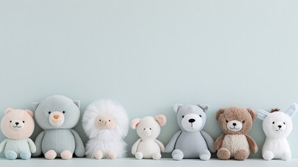 Pastel teddy bear collection, soft plush textures, pale blue background, minimalistic kids decor, cute toy lineup, neutral colors, calm mood, horizontal layout, copy space