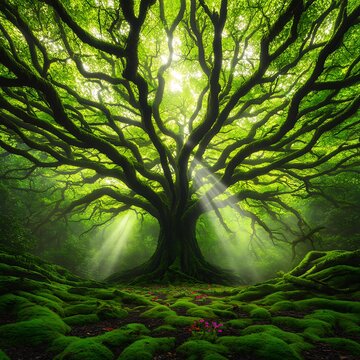 A Mystical Old Tree Spreading its Enormous Branches in a Green Forest Bathed in Sunlight of excellence