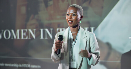 Business, speech and black woman at conference with mic for motivation at technology seminar....