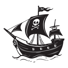 Angled Pirate Ship with Skull and Crossbones Flag – Vector Illustration