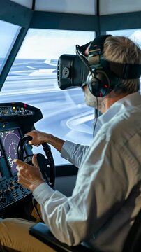 A man fully immersed in a virtual reality flight simulator at an aviation school. The high-tech equipment and realistic visuals create an engaging training environment for aspiring pilots.