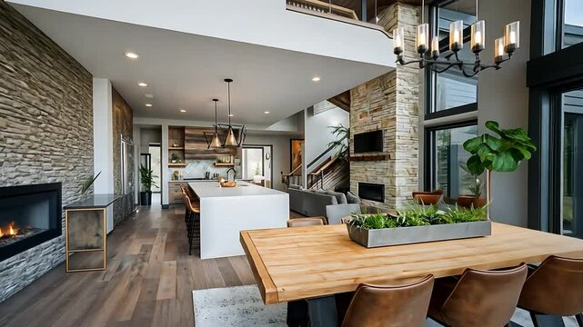 Open-concept modern farmhouse interior with large windows, stone fireplace, hardwood floors, and a spacious kitchen and dining area