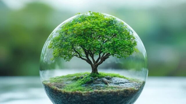 The Essence of Life: A vibrant tree thrives within a glass sphere, a symbol of environment protection, a testament to nature's strength, and a call for the preservation of our shared future.