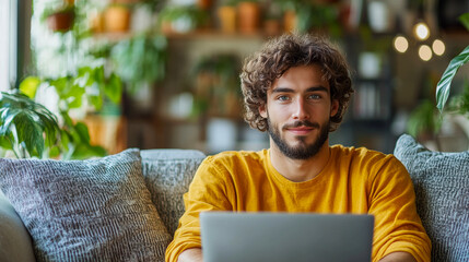 Young man smiling while working on a laptop indoors  