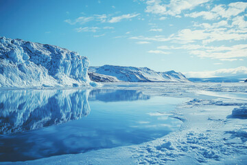 Serene glacial landscape reflecting in calm icy waters under a bright blue sky.