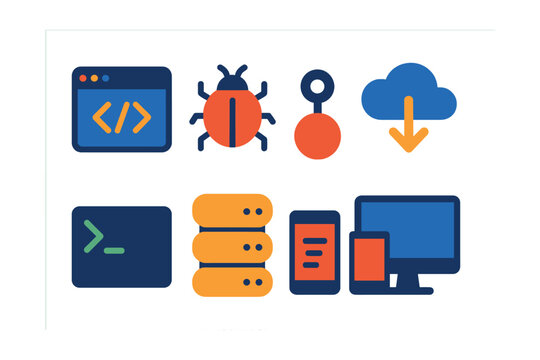 Flat vector icons of developer gear: code editor, bug icon, Git commit, cloud deployment, terminal window, server stack, API symbol, responsive layout.