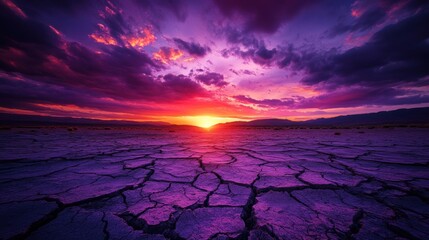 Sunset over cracked earth with colorful clouds creating a dramatic landscape.