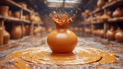 Pottery splash in artisan workshop with clay background  