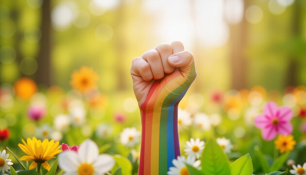 Rainbow fist raised in vibrant flower field, symbol of pride and unity