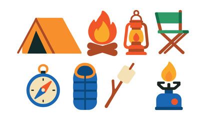 Flat vector icons of camping essentials: tent, campfire, lantern, folding chair, compass, sleeping bag, marshmallow stick, portable stove.