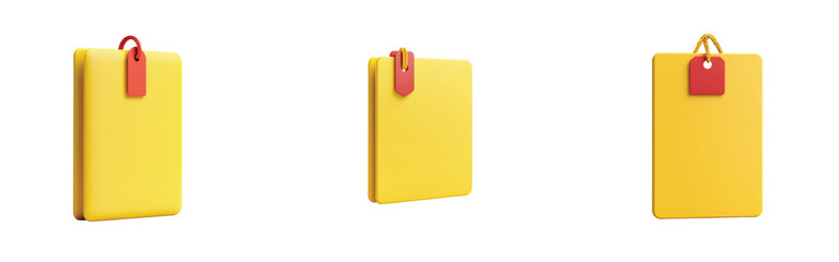 Set of yellow notebooks with red tags in different positions and angles