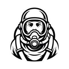 Black and white of a person wearing a gas mask and helmet design