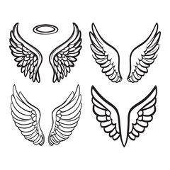 Angel Wings with Halo – Hand-Drawn Line Art Vector Set