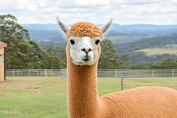 Obraz premium A Serene Alpaca Gazes Forward With Calm Demeanor in a Breathtaking Natural Landscape of excellence