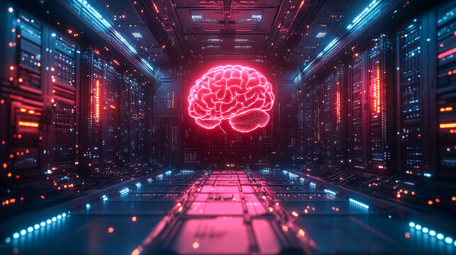 Neon brain glowing in a digital server room  