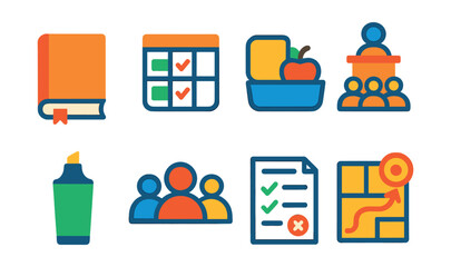 Flat vector icons of student life: textbook, timetable, snack box, lecture hall, highlighter pen, study group, exam sheet, goal tracker.