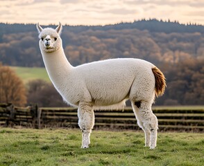 A serene alpaca grazes peacefully in a grassy field against a backdrop of rolling hills. of excellence