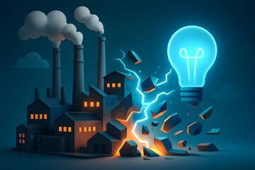 Factory explosion with glowing light bulb.