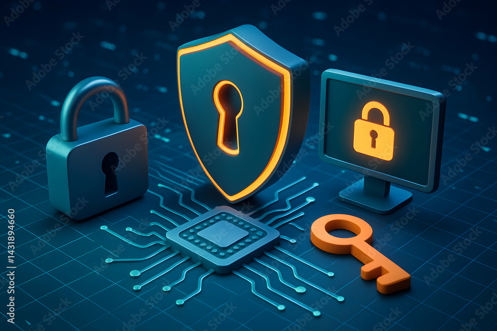 Poster digital security icons with lock and shield.