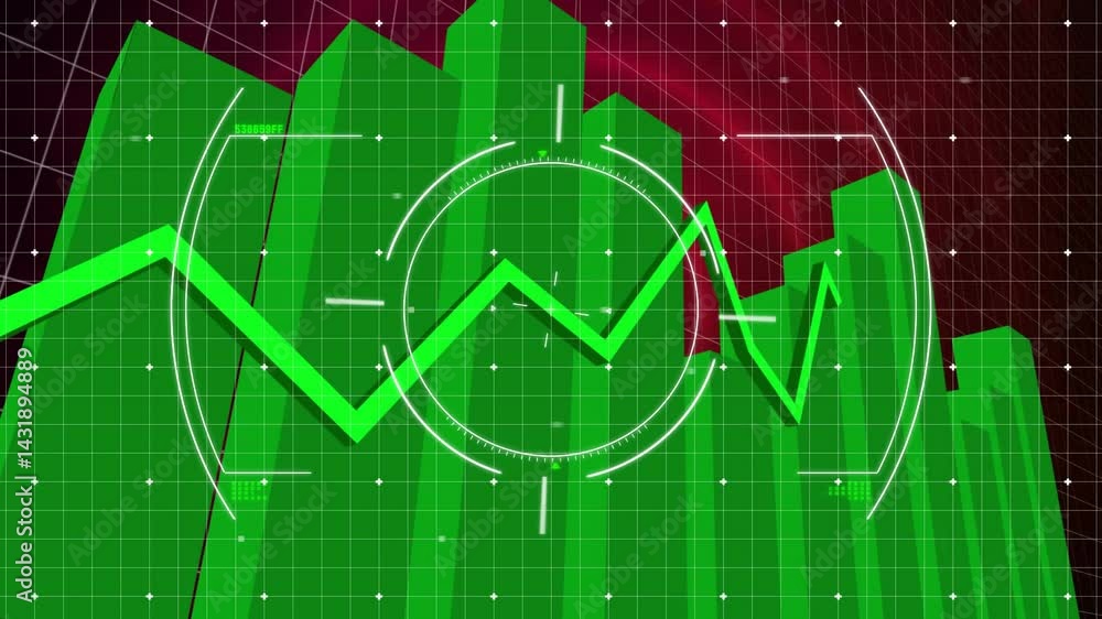 Poster data visualization being rendered on 3d dashboard featuring translucent bars and zigzag line graph