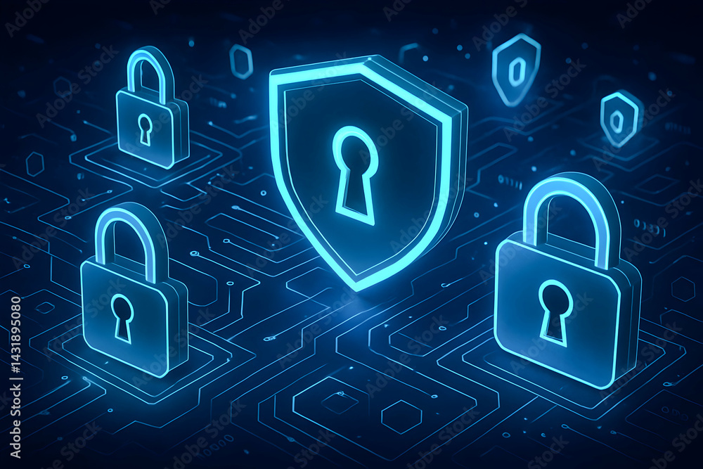 Poster digital security concept with padlocks and shield.