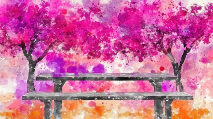 Vibrant pink cherry blossoms frame a park picnic table.