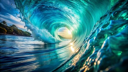 Stunning Turquoise Tube Wave: Liquid Motion, Ocean Photography, Inner Illumination