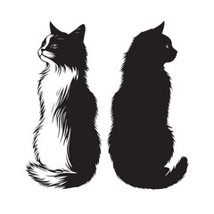 Long-Haired Cats Sitting Side by Side – Detailed Black and White Vector