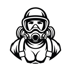 Bold Black & White Mascot Person in Gas Mask, Protective Gear, Upper Body Focus