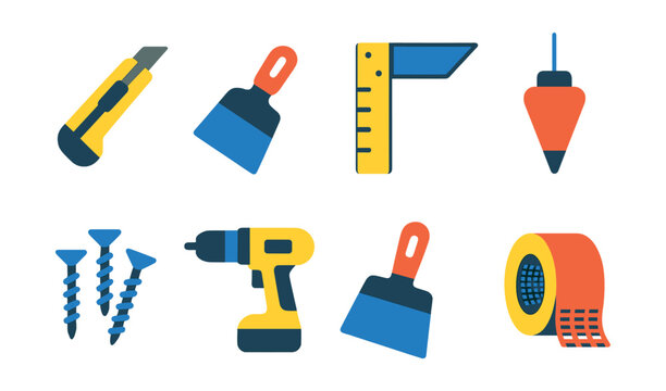 Flat vector icons of drywall tools: utility knife, screed, bevel square, plumb bob, drywall screws, cordless drill, joint knife, reinforcing tape.