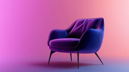 A purple armchair sits against a gradient pink and orange background.