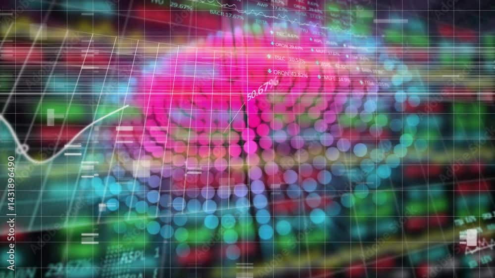 Poster multicolor bokeh cluster glowing over grid, overlaying line charts and numeric tickers
