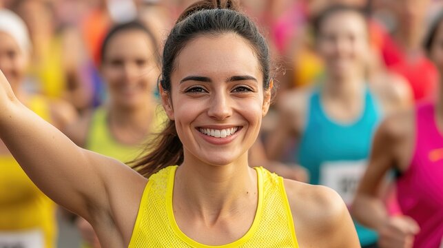 Joyful female runners celebrate marathon finish line in urban environment action-packed sports event close-up view