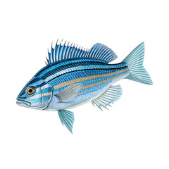 Scientific Illustration of Zebrafish with Iridescent Blue Stripes and Detailed Anatomical Features Isolated on White Background