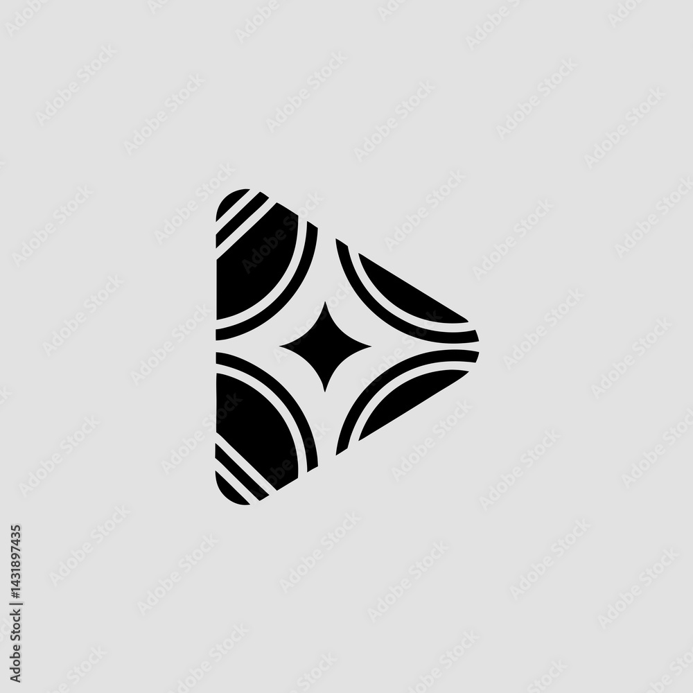 Poster a captivating play button design featuring a striking geometric pattern in bold black and white, con