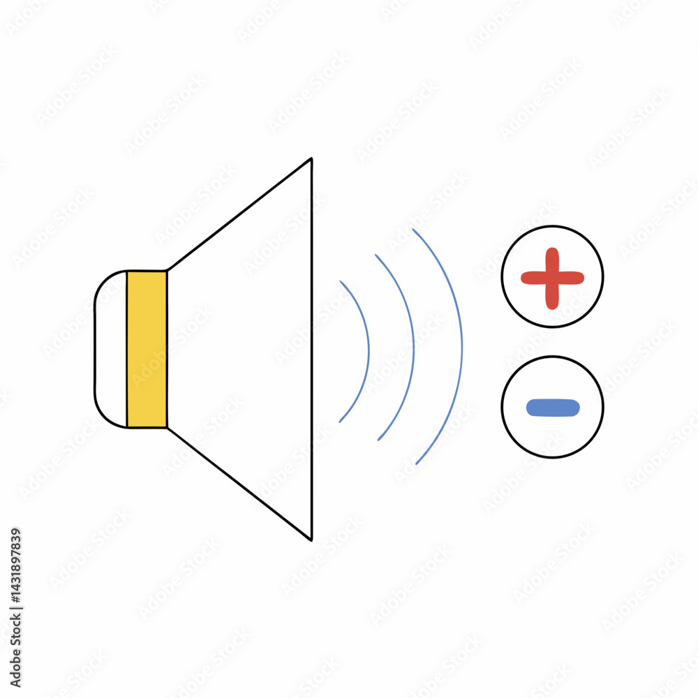 Poster a simple speaker emitting sound waves with volume control buttons, showcasing a minimalist and playf